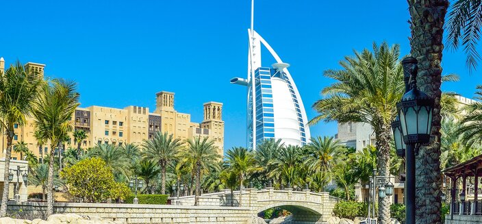 Blick auf den Burj al Arab in Dubai, Vereinigte Arabische Emirate